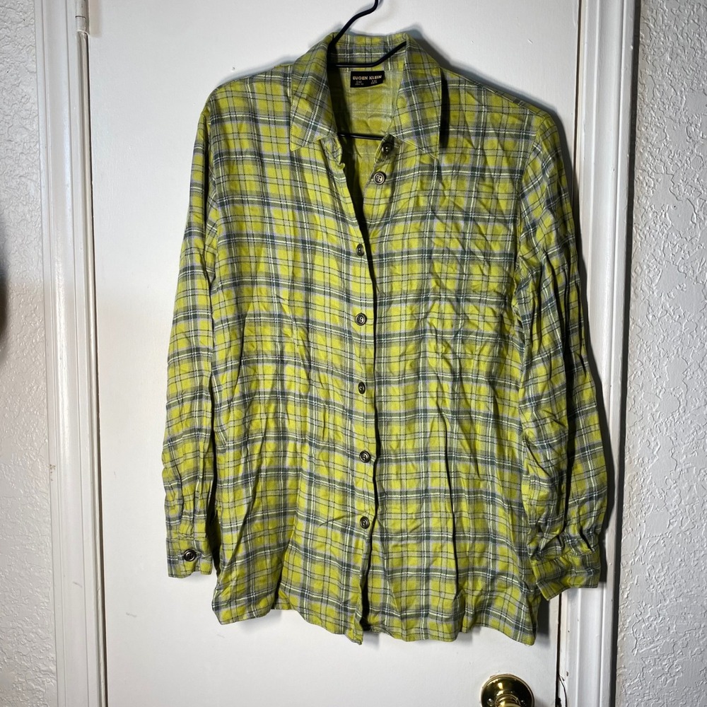 Eugen Klein Womens Chartreuse Green‎ Purple Plaid Button Down Shirt Size 10